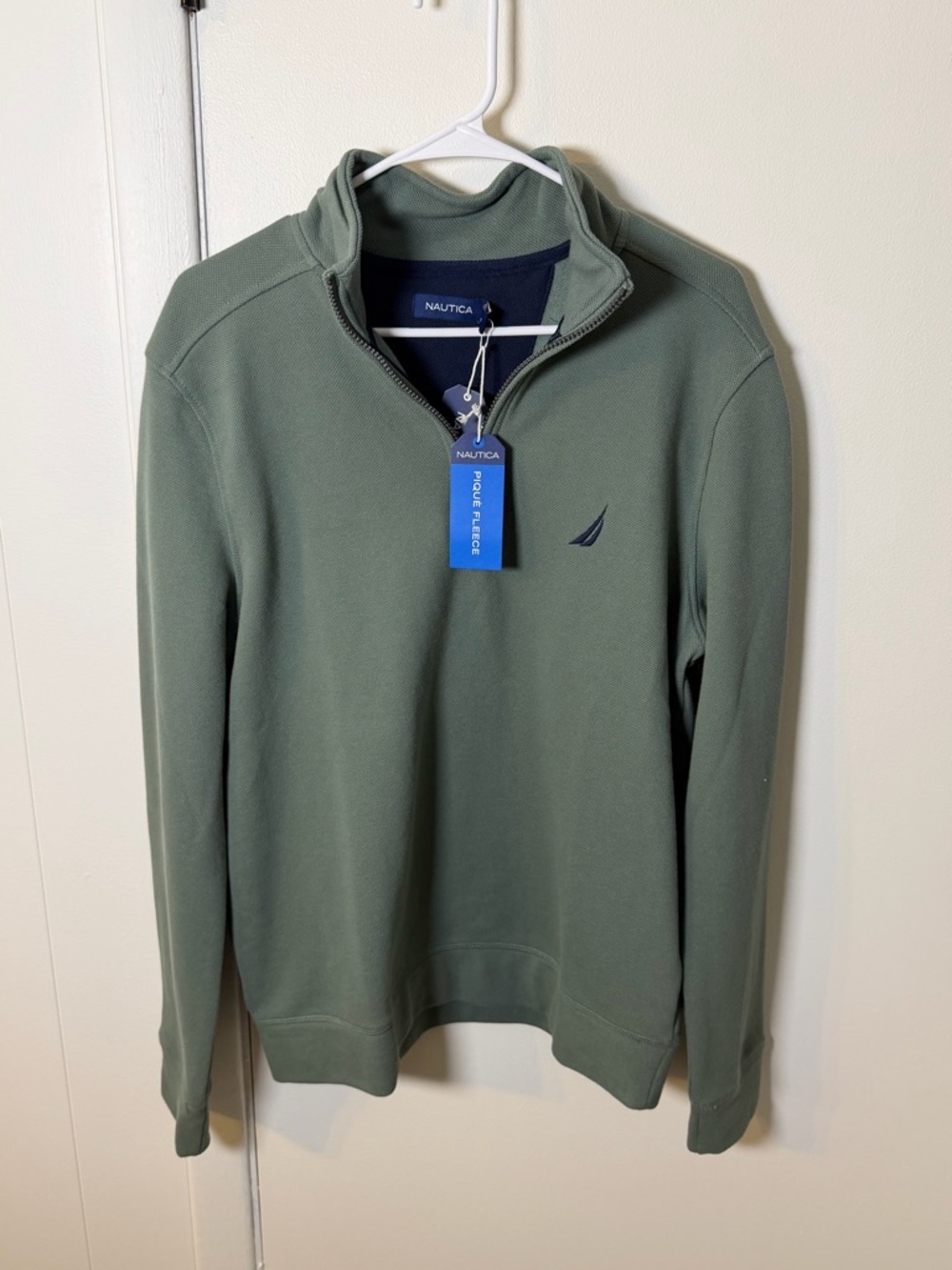 Nautica Pique Fleece Quarter‑Zip | Men’s Medium | Olive Green | NWT